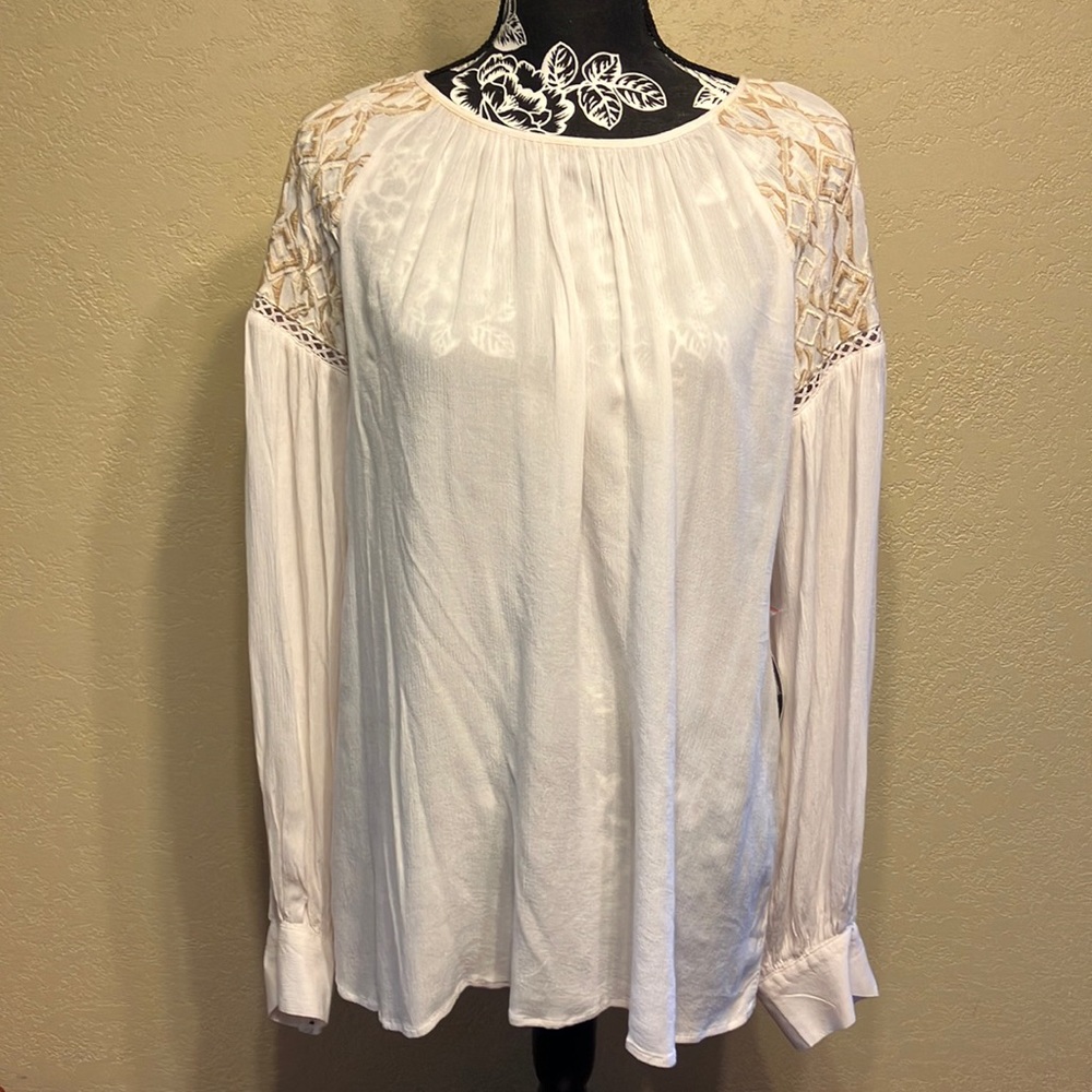 NWT XL a.n.a CREAM & TAN PEASANT STYLE SHEER BLOUSE